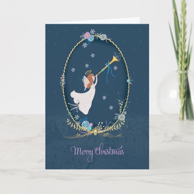 Tarjeta de felicitación azul del ángel del navidad (Anverso)