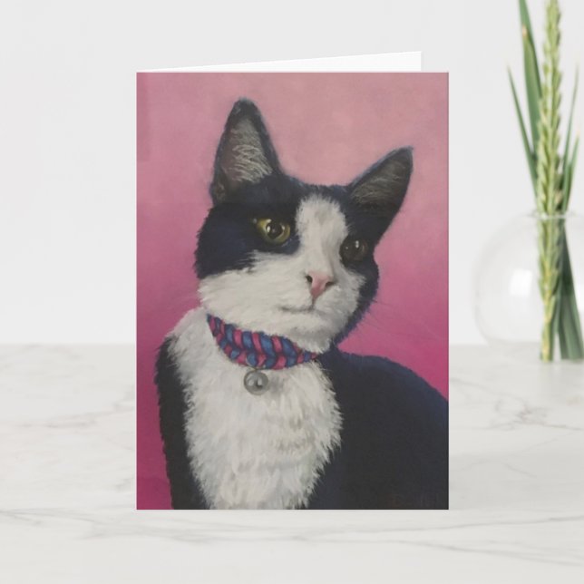 Tarjeta de felicitación blanco y negro del gato (Anverso)