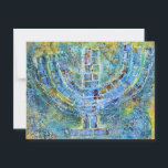 Tarjeta de felicitación Blue Menorah (interior en<br><div class="desc">La obra de arte original de esta menorah es una pintura de medios mixtos creada con pintura acrílica,  pasta de modelado y papel de la artista judía contemporánea Meredith Gould.</div>