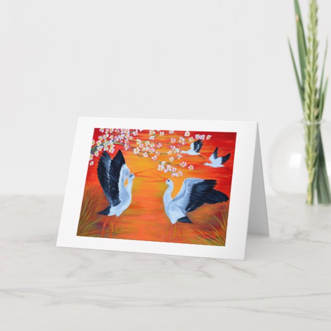 Tarjeta de felicitación. Cigüeñas y flor de cerezo (Anverso)