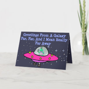 Tarjeta de felicitación con alienígena, nave espac