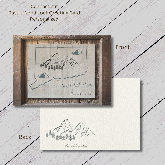 Tarjeta de felicitación Connecticut Rustic Wood Mo (Connecticut Rustic Wood Greeting Card. The "wood look" makes this card so unique. Personalize it!)