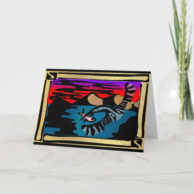 Tarjeta de felicitación Crane Digital Woodcut (Anverso)