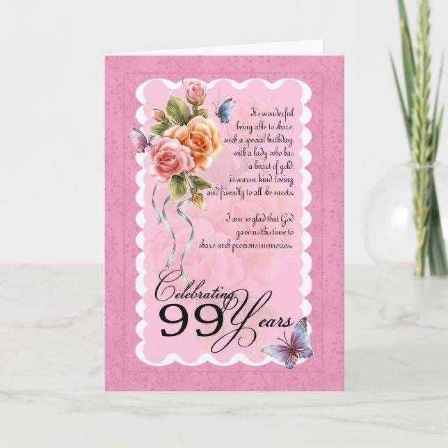 Tarjeta de felicitación de 99 años - rosas y marip (Anverso)