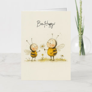Tarjeta de felicitación de abeja feliz y acuarela