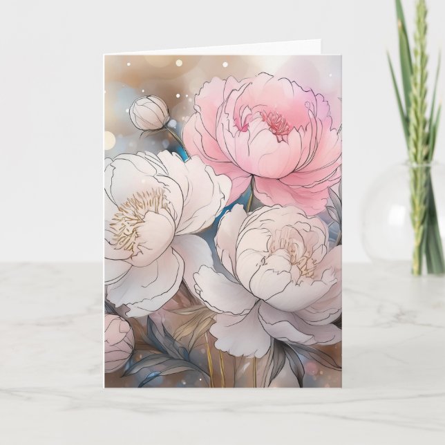 Tarjeta de felicitación de acuarela de peonía flor (Anverso)
