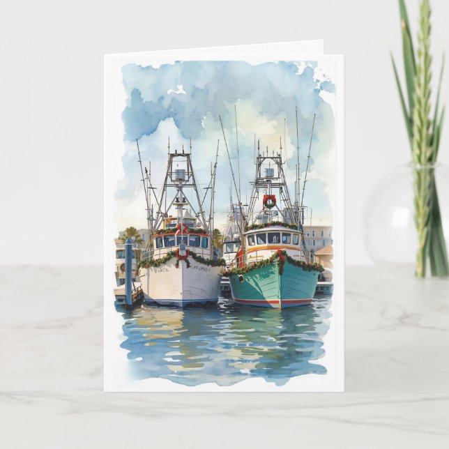 Tarjeta de felicitación de acuarela Holiday Harbor (Anverso)