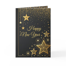Tarjeta de felicitación de Año Nuevo negra y dorad