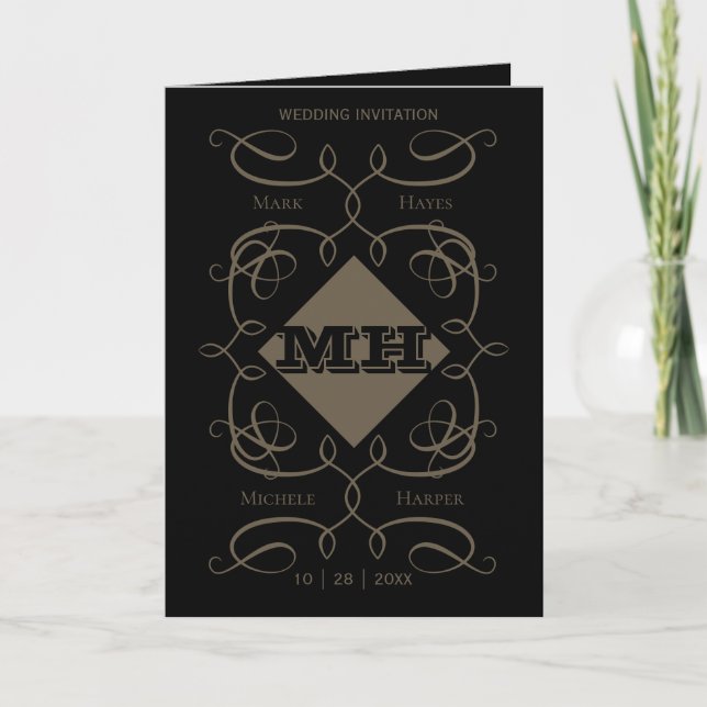 Tarjeta de felicitación de boda con monograma (Anverso)