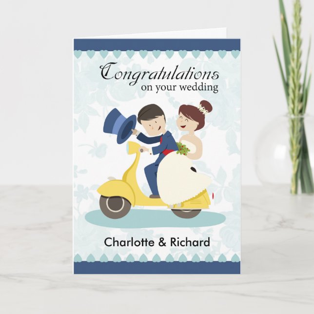 Tarjeta de felicitación de boda, pareja en scooter (Anverso)