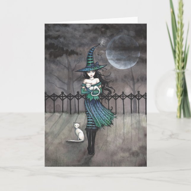 Tarjeta de felicitación de bruja con gatos blancos (Anverso)