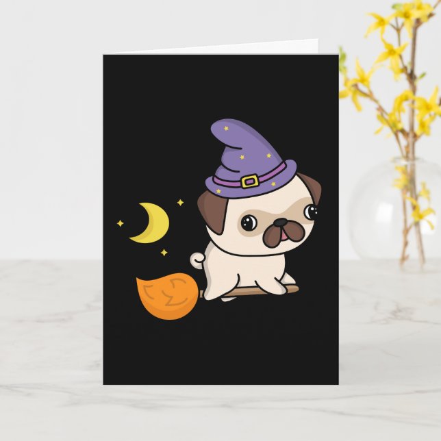 Tarjeta de felicitación de bruja Pug (en blanco) (flor amarilla)