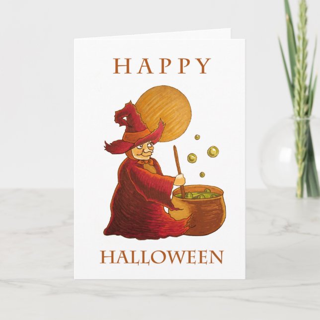 Tarjeta de felicitación de bruja y caldero (Anverso)