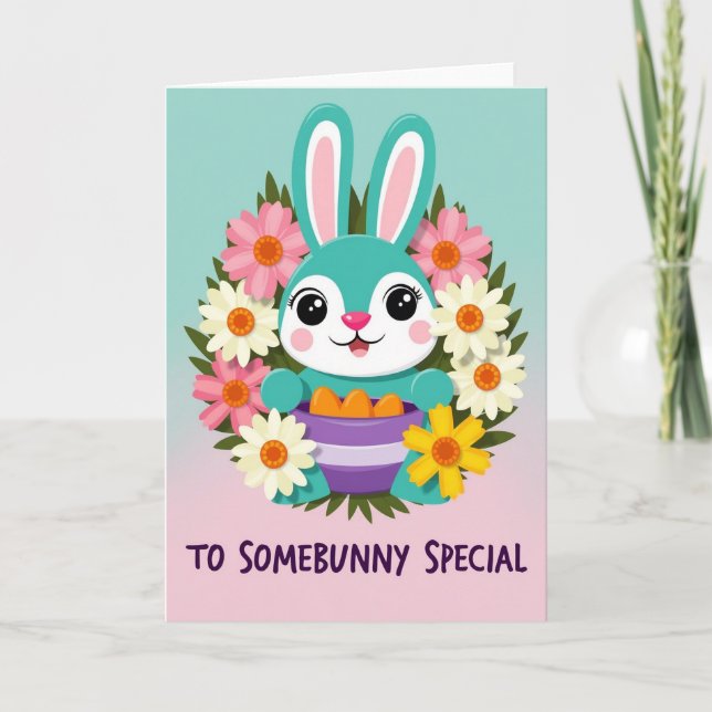 Tarjeta de Felicitación de Bunny y Flores (Anverso)