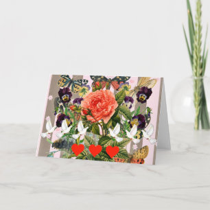 TARJETA DE FELICITACIÓN DE CORAZONES Y FLORES
