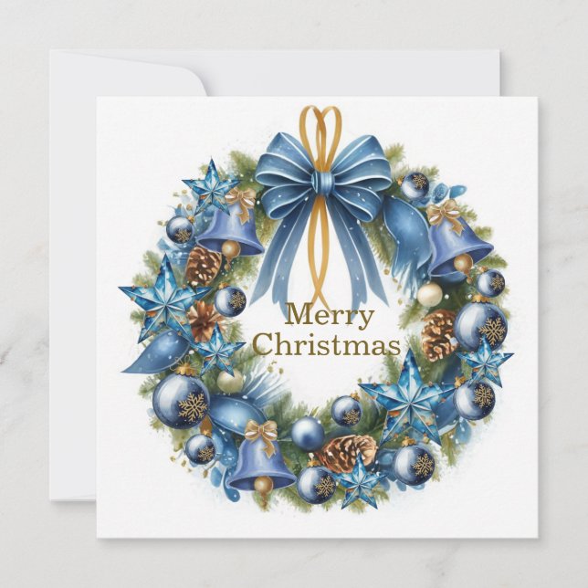 Tarjeta de felicitación de corona de Navidad azul  (Anverso)