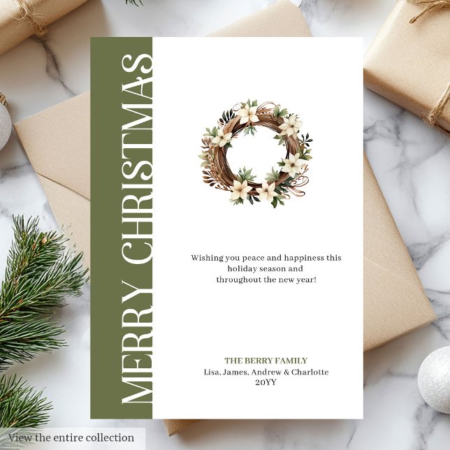 Tarjeta de felicitación de corona de Navidad con c (Chic earthy colors Christmas wreath greeting card)