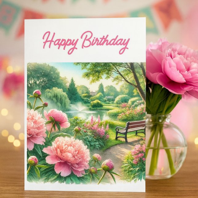 Tarjeta de felicitación de cumpleaños con peonías  (Elegant birthday card with pink peonies, garden bench, and fountain—peaceful and celebratory)