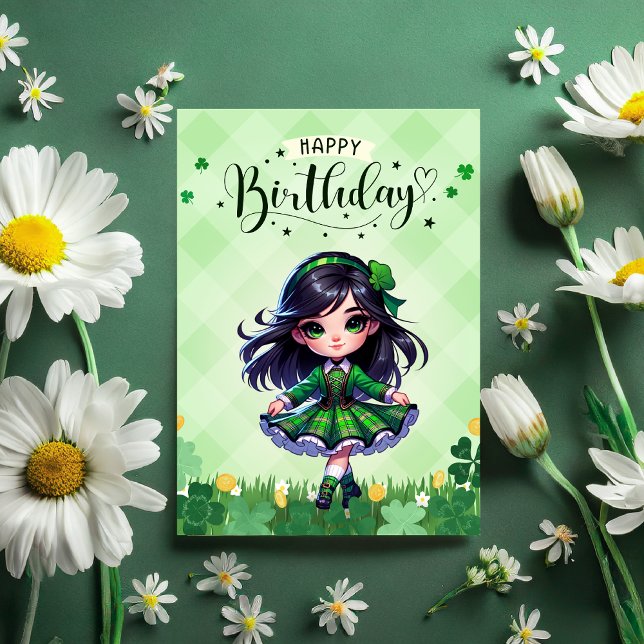 Tarjeta de felicitación de cumpleaños de Lass Danc (Irish Dancing lass on a Happy Birthday Card in green on backdrop of dark green and fresh daisies.)