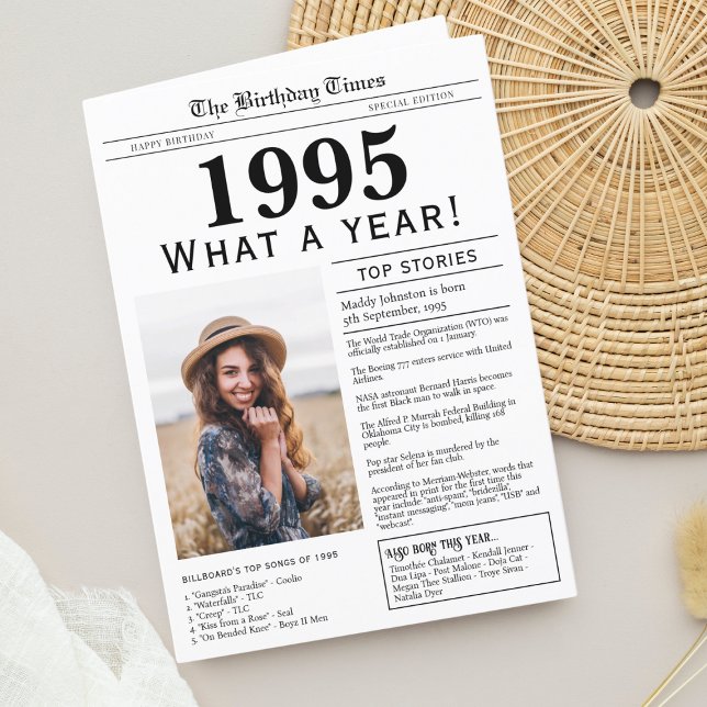 Tarjeta de felicitación de cumpleaños de periódico (Birthday Card, born in 1993 newspaper style design with personalized photo, trivia and fun facts)