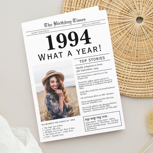 Tarjeta de felicitación de cumpleaños de periódico (Birthday Card, born in 1994 newspaper personalized with photo, trivia and fun facts)