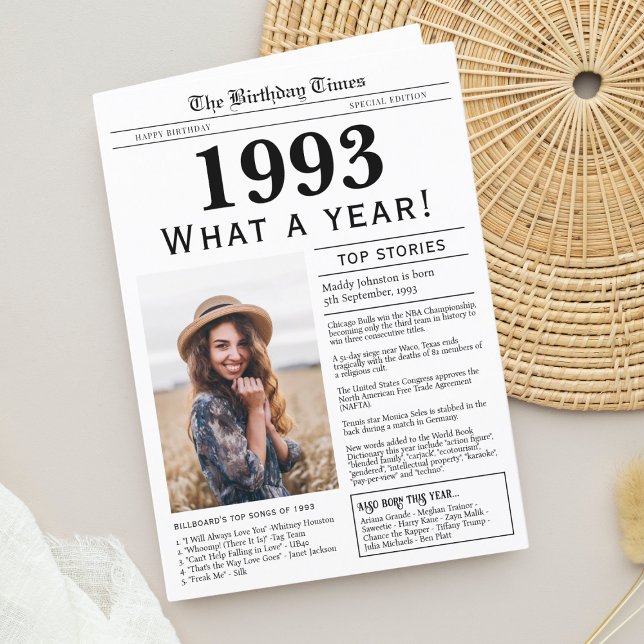 Tarjeta de felicitación de cumpleaños del periódic (Birthday Card, born in 1993 newspaper personalized with photo, trivia and fun facts)