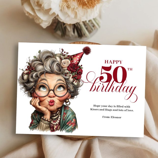 Tarjeta de felicitación de cumpleaños divertida y  (Bright and funny 50 lady greeting birthday card)