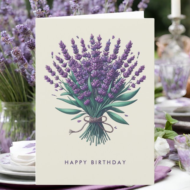 Tarjeta de felicitación de cumpleaños Lavender Bou (A birthday card with lavender illustration on a table.)
