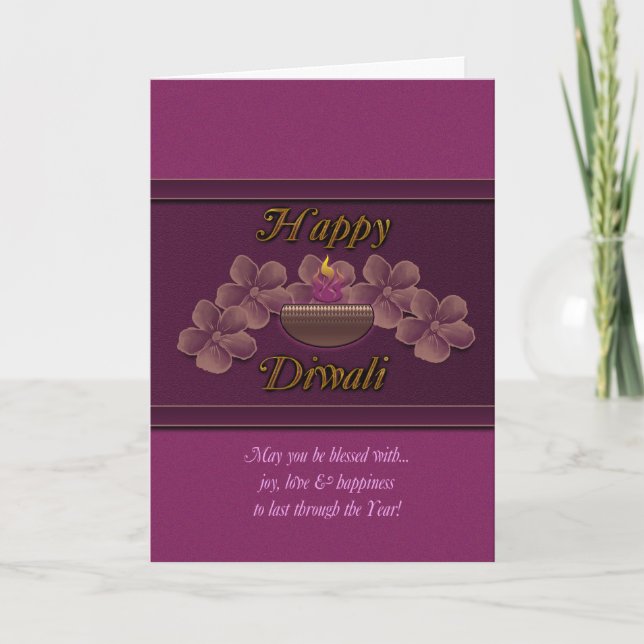 Tarjeta de felicitación de Diwali con la lámpara y (Anverso)