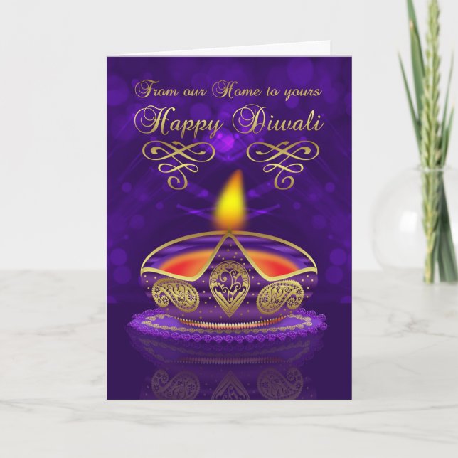 Tarjeta de felicitación de Diwali en oro y púrpura (Anverso)