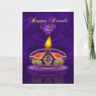 Tarjeta de felicitación de Diwali en oro y púrpura