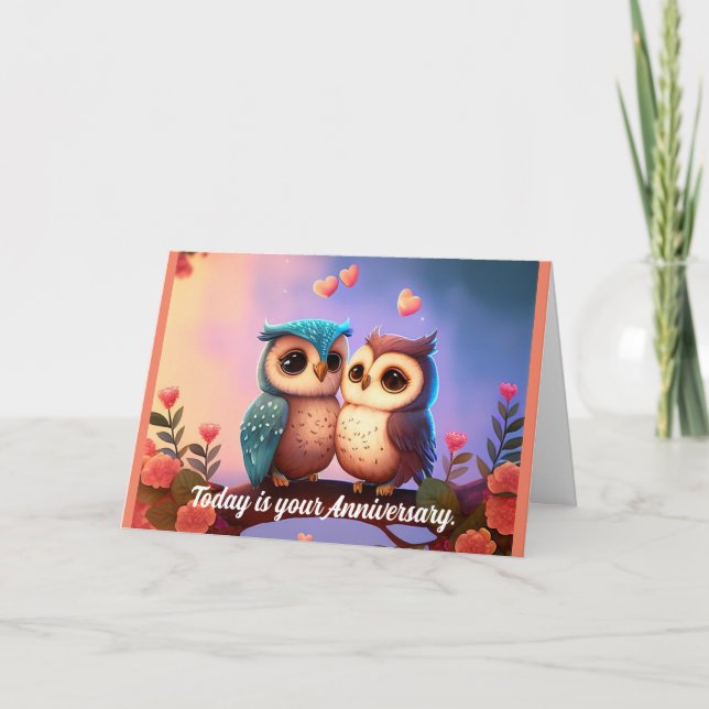 Tarjeta de felicitación de dos búhos para el anive (Anverso)