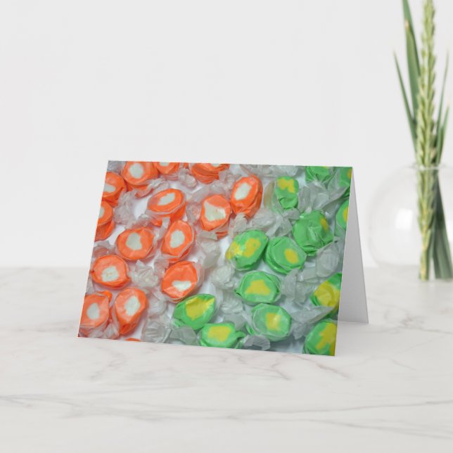 Tarjeta de felicitación de dulces verde y naranja (Anverso)