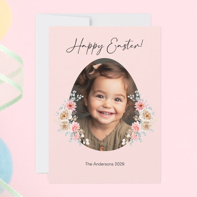 Tarjeta de felicitación de fotos de Pascua con mar (Easter Photo Greeting Card with Floral Egg Frame)