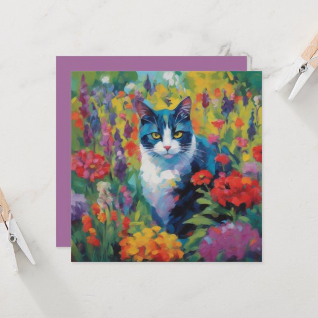 Tarjeta de Felicitación de Gato entre Flores (Anverso/Reverso In Situ)