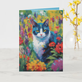 Tarjeta de felicitación de gato entre flores