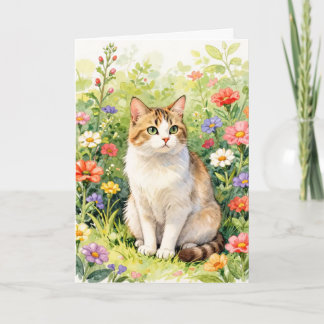 Tarjeta de felicitación de gato entre flores silve
