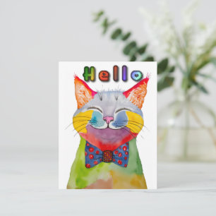 Tarjeta de felicitación de gato feliz con acuarela
