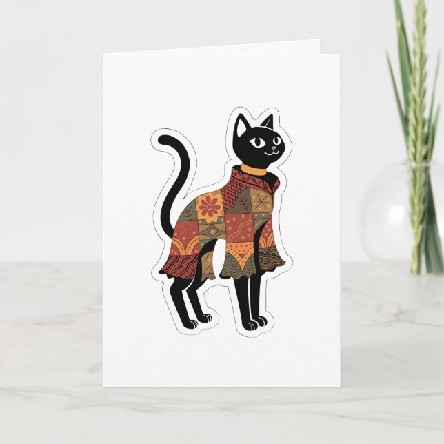 Tarjeta de felicitación de gato negro Boho Patchwo (Anverso)