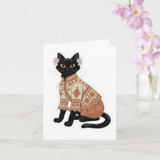 Tarjeta de felicitación de gato negro floral de te
