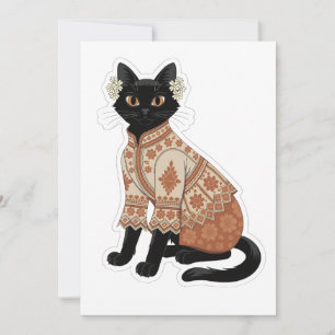 Tarjeta de felicitación de gato negro floral de te