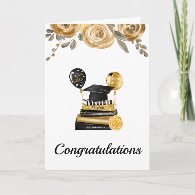 Tarjeta de felicitación de graduación Gold Floral (Anverso)
