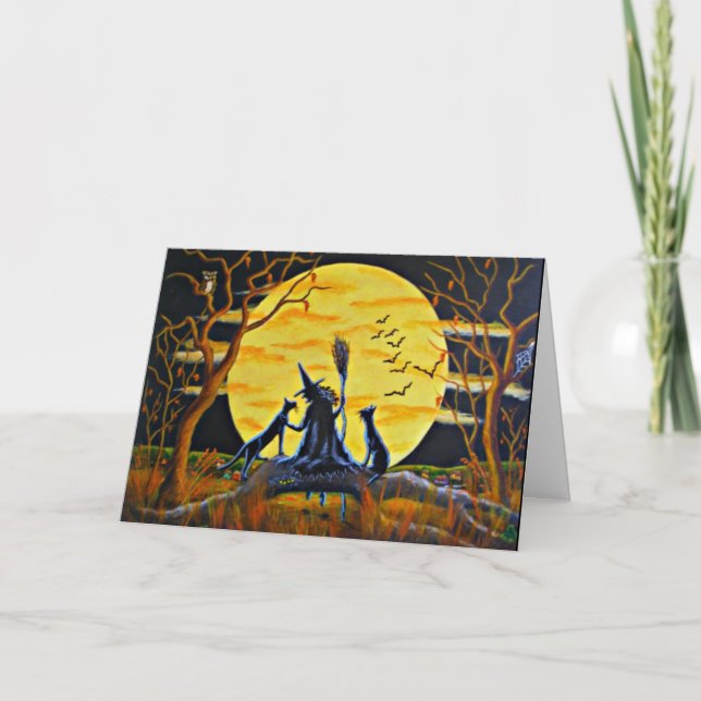 Tarjeta de felicitación de Halloween, bruja, (Anverso)