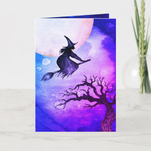 Tarjeta de felicitación de Halloween de bruja vola