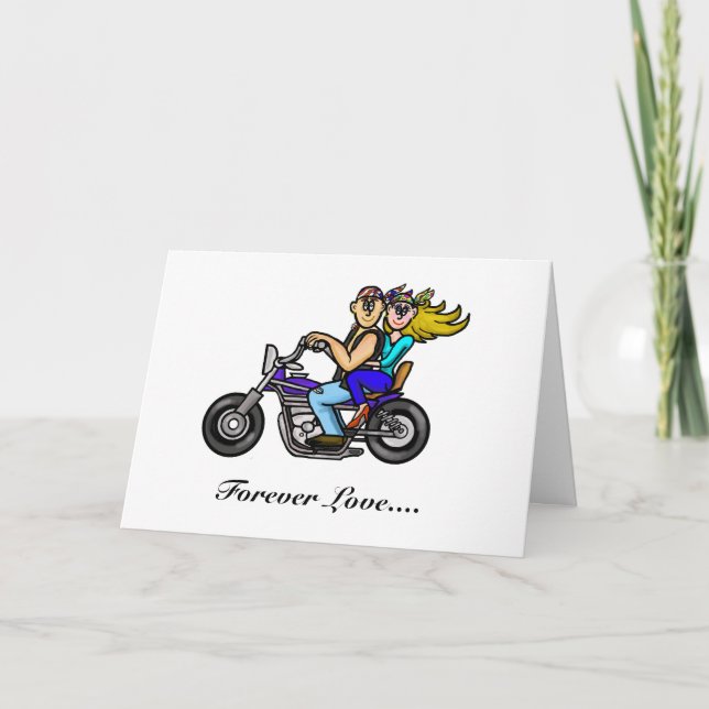 Tarjeta de felicitación de hombre y mujer en motoc (Anverso)