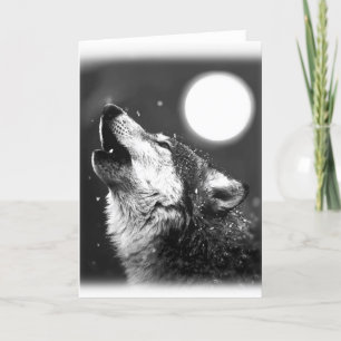 Tarjeta de felicitación de lobo aullando a la luna