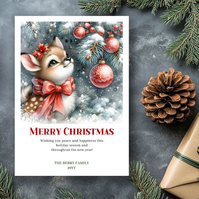 Tarjeta de Felicitación de Navidad con Acuarela de (Silent Snowy Fawn Watercolor Christmas Greeting Christm)