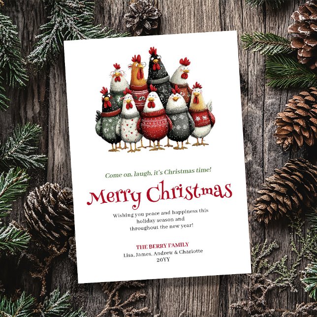 Tarjeta de Felicitación de Navidad con Gallinas Ac (Funny Watercolor Chickens Christmas Greeting Card)