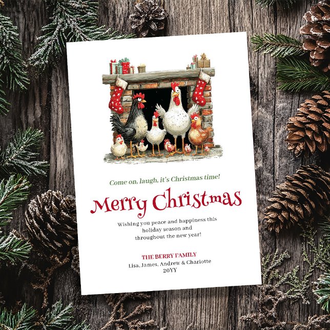Tarjeta de Felicitación de Navidad con Gallinas Ca (Whimsical Chickens Funny Christmas Greeting Card)