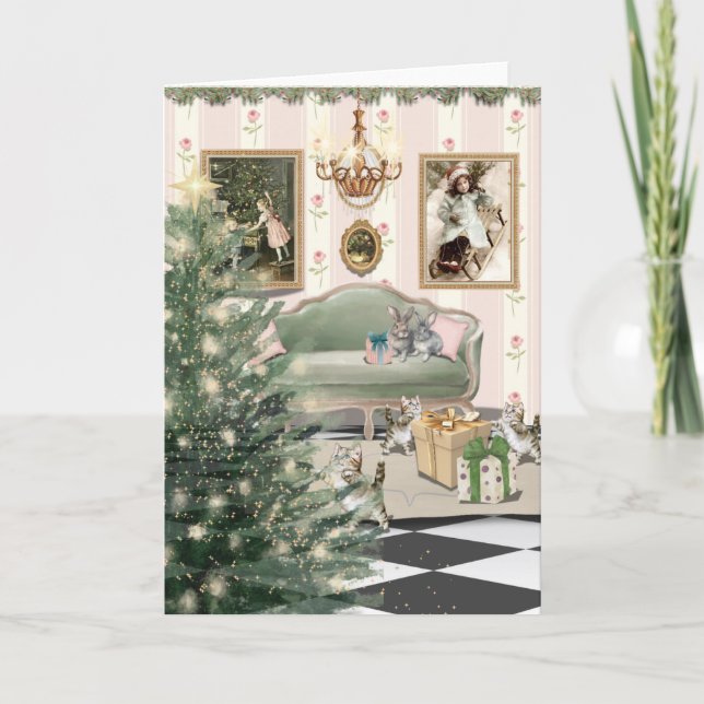 Tarjeta de felicitación de Navidad con gatos y con (Anverso)